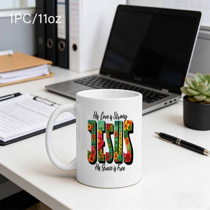 Tailorly White Ceramic 11 oz Mug - His Love Is Strong Jesus His Grace Is Free Vibrant Floral Pattern Within Large Retro Block Letters Mug