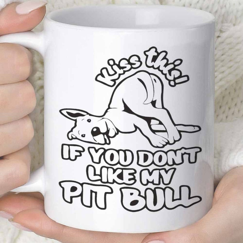 Tailorly White Ceramic 11 oz Mug - Kiss This If You Don't Like My Pit Bull Playful Cartoon Line Art Of A Crouching Dog Raising Tail Pit Bull