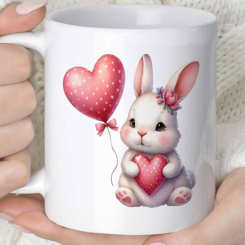 Tailorly White Ceramic 11 oz Mug - Adorable White Fluffy Bunny Holding Pink Heart Shaped Balloon Rabbit