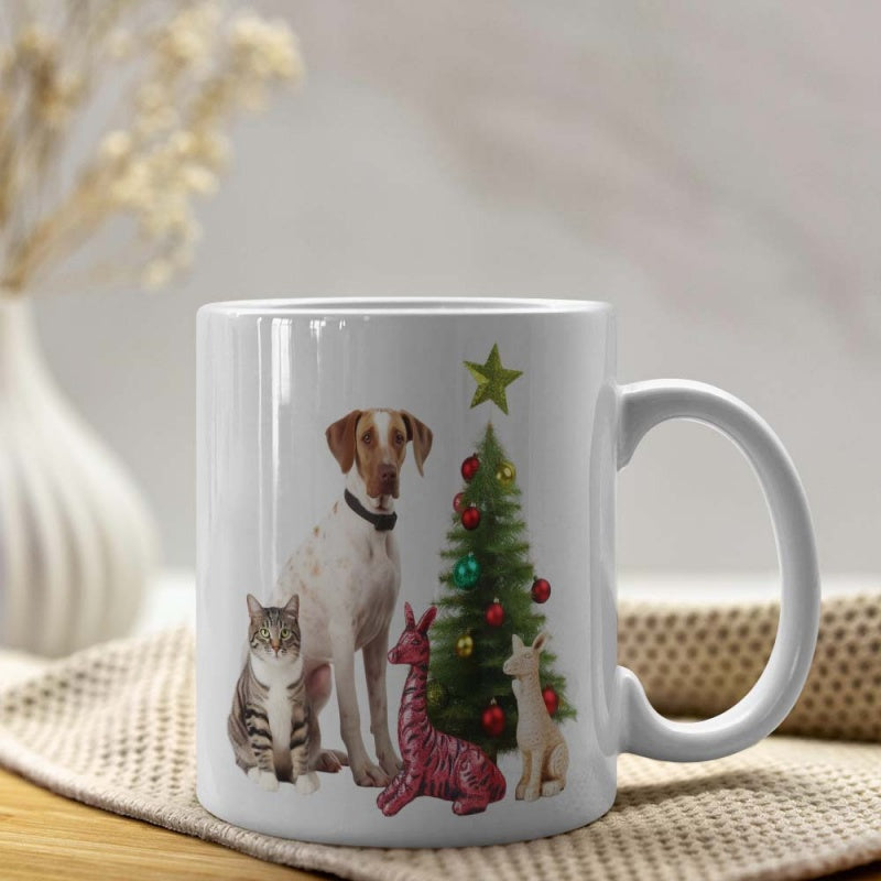 Tailorly White Ceramic 11 oz Mug - Adorable Domestic Pets Gathering Around A Glowing Decorated Evergreen Festive Christmas Tree