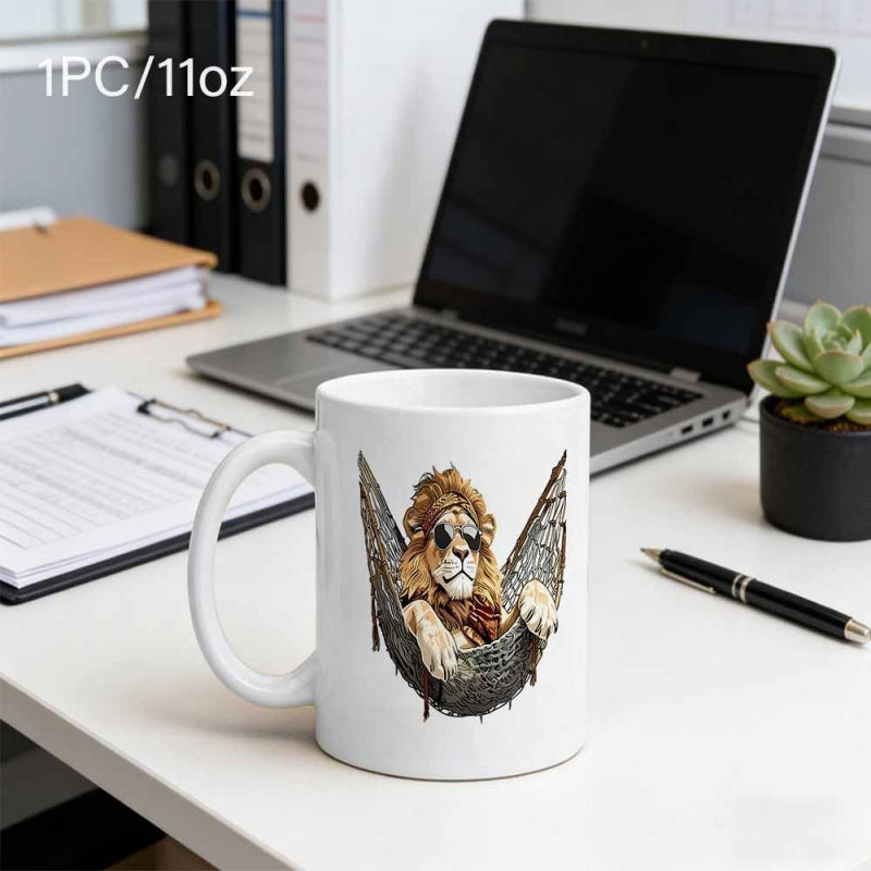 Tailorly White Ceramic 11 oz Mug - Majestic Lion Wearing Cool Sunglasses Relaxing Inside A Patterned Hammock Lion