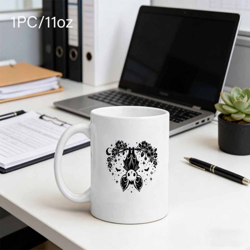Tailorly White Ceramic 11 oz Mug - Intricate Gothic Hanging Bat With Floral Wreath And Celestial Crescent Moon Bat