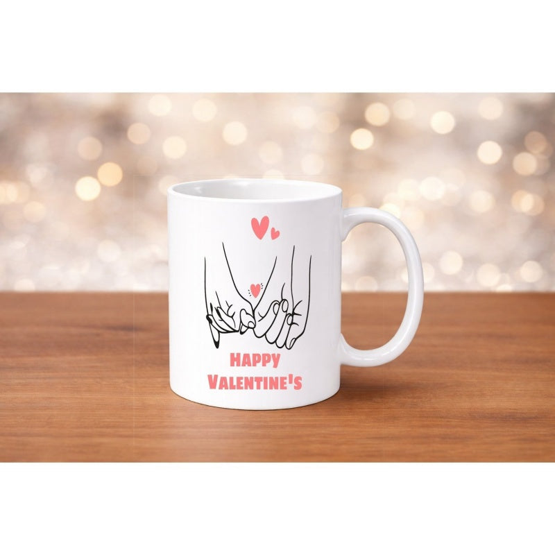 Tailorly White Ceramic 11 oz Mug - Happy Valentine's Minimalist Line Art Illustrating Two Hands Hooking Pinky Fingers With Hearts Hands