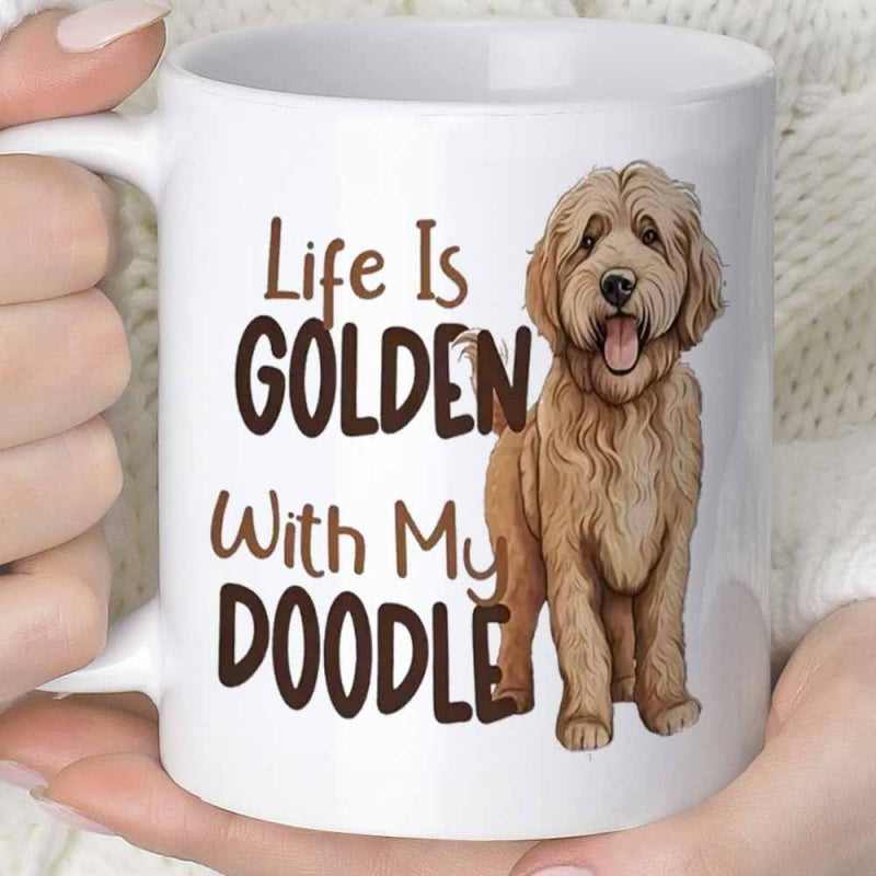 Tailorly White Ceramic 11 oz Mug - Life Is Golden With My Doodle Friendly Fluffy Brown Dog Standing With A Smiling Expression Golden Doodle