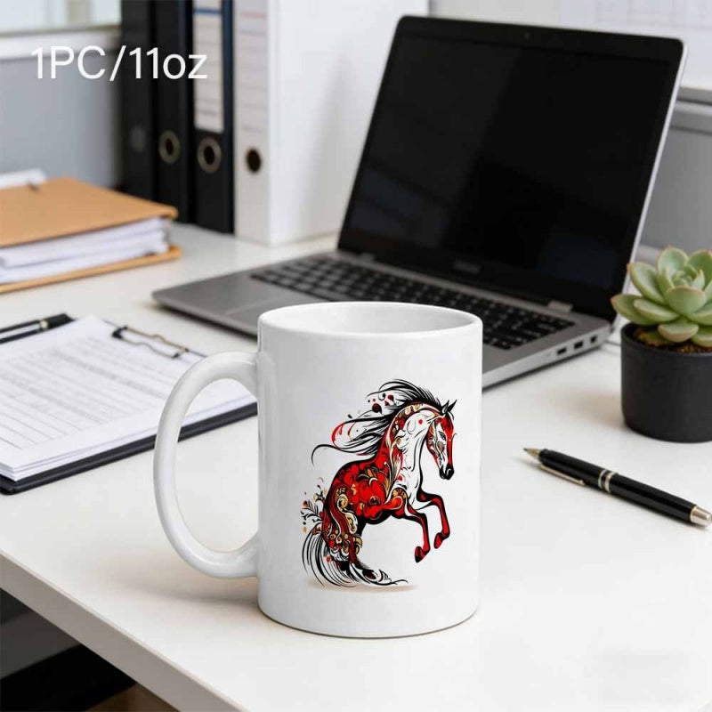 Tailorly White Ceramic 11 oz Mug - Galloping Powerful Red Artistic Stallion With Flowing Mane And Dynamic Posture Horse