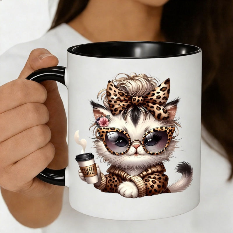 Tailorly Black Accent 11 oz Mug - leopard print cat with bows and sunglasses