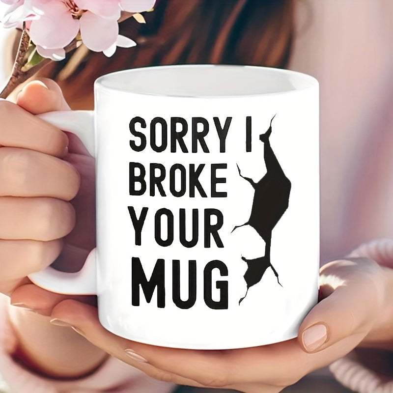 Tailorly White Ceramic 11 oz Mug - Sorry I Broke Your Mug Minimalist Black Cat Silhouette Jumping Through A Creative Cracked Ceramic Pattern Mug