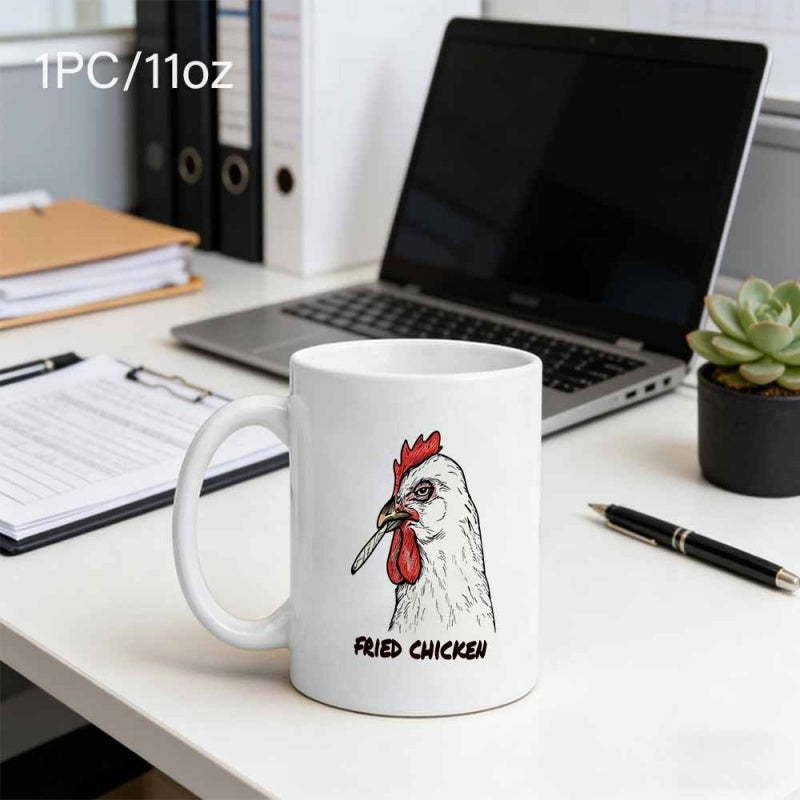 Tailorly White Ceramic 11 oz Mug - Fried Chicken Hand Drawn Rooster Smoking A Cigarette In Artistic Line Style Chicken