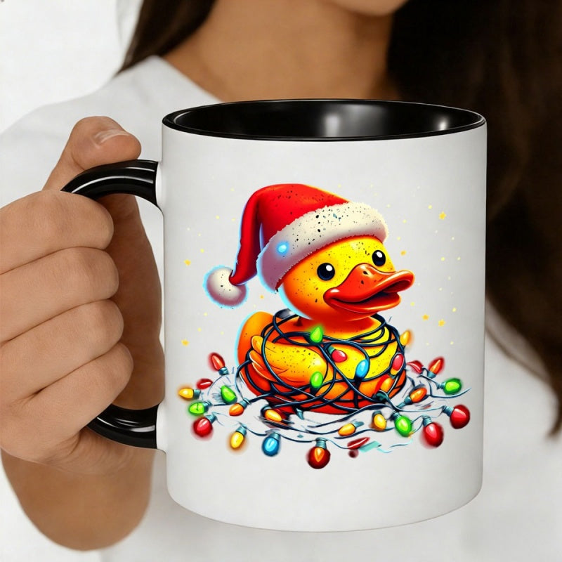Tailorly Black Accent 11 oz Mug - christmas duck with santa hat and colorful lights