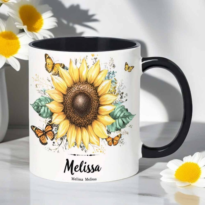 Tailorly Black Accent 11 oz Mug - sunflower with text name message