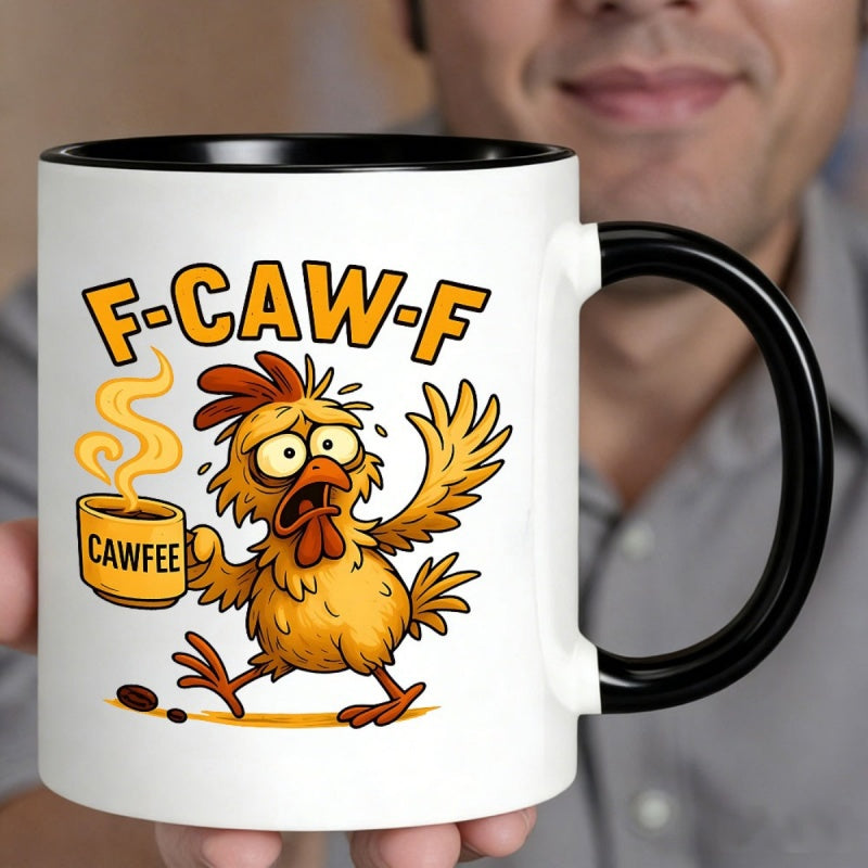 Tailorly Black Accent 11 oz Mug - funny chicken cartoon with "cawfee" text