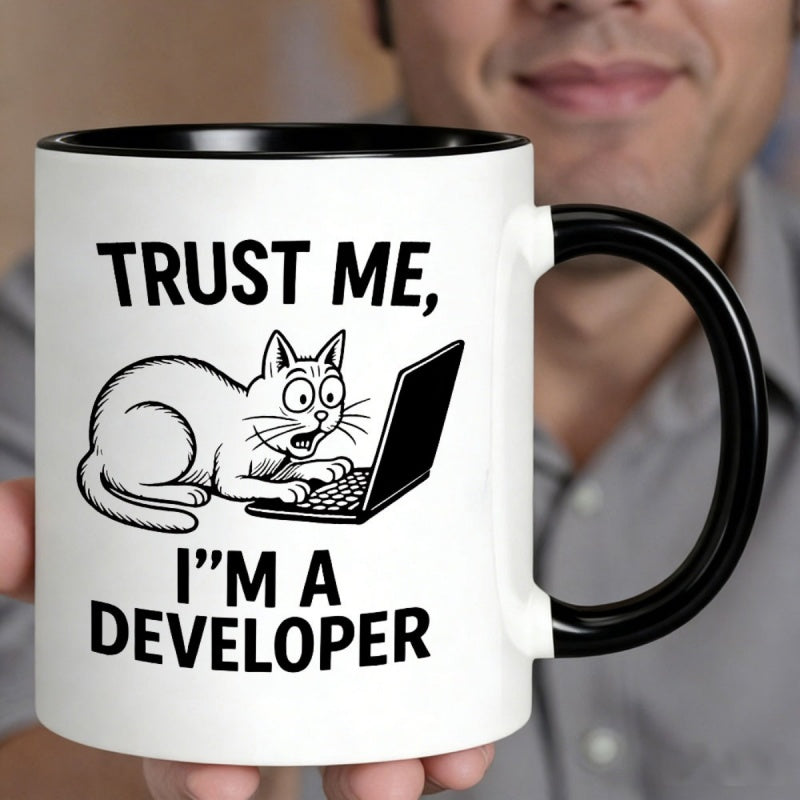 Tailorly Black Accent 11 oz Mug - cartoon cat laptop