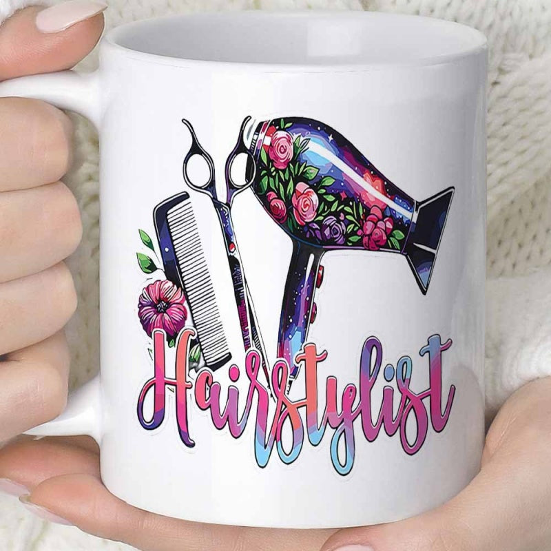 Tailorly White Ceramic 11 oz Mug - Hairstylist Colorful Galaxy Texture Stylist Tools With Floral Accents And Decorative Elements Hairdryer
