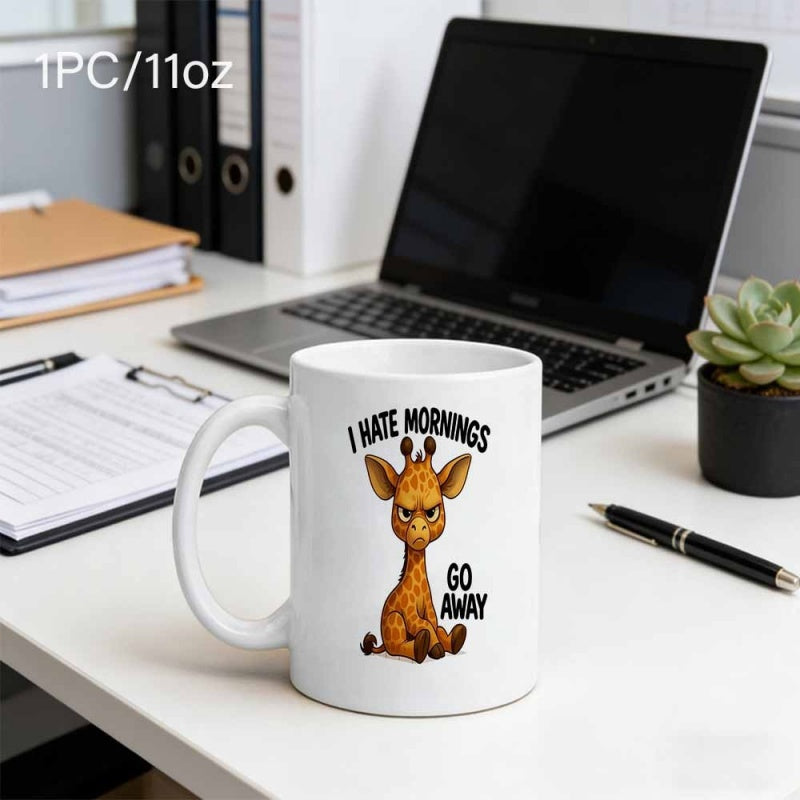 Tailorly White Ceramic 11 oz Mug - I Hate Mornings Go Away Grumpy Sarcastic Cartoon Animal Character Sitting With An Angry Face Giraffe
