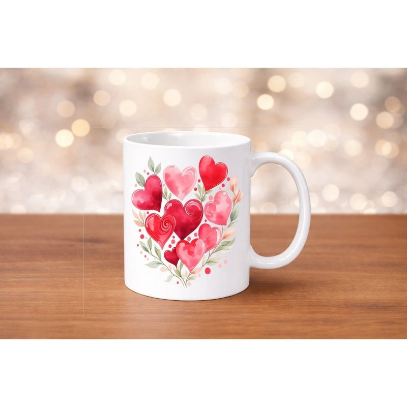 Tailorly White Ceramic 11 oz Mug - Watercolor Red And Pink Hearts With Delicate Green Leaves Arranged Beautifully Heart