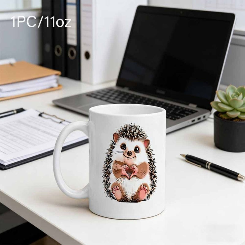 Tailorly White Ceramic 11 oz Mug - Adorable Cartoon Character Holding A Heart With Tiny Paws In Gentle Pose Hedgehog