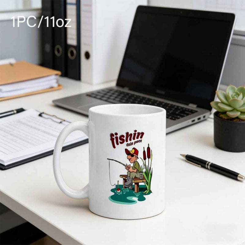 Tailorly White Ceramic 11 oz Mug - Fishin Cartoon Character Sitting On Wooden Dock Near Tall Reeds Fisherman