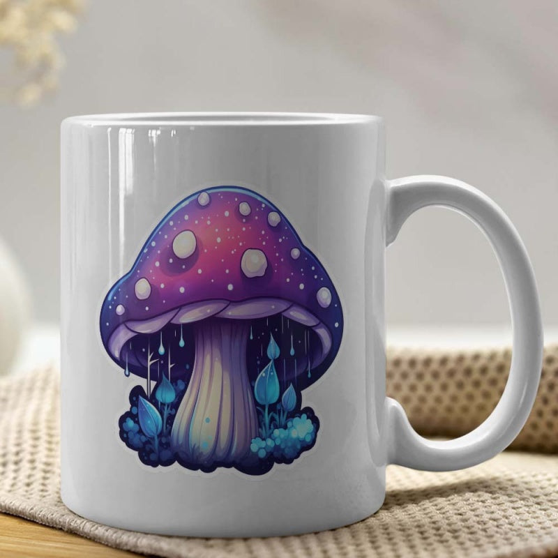 Tailorly White Ceramic 11 oz Mug - Whimsical Vibrant Purple Galaxy Style With Glowing Blue Crystals Magic Mushroom
