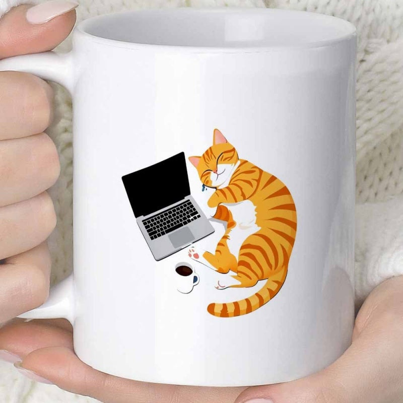 Tailorly White Ceramic 11 oz Mug - Adorable Orange Tabby Sleeping Peacefully Beside A Modern Silver Laptop Cat