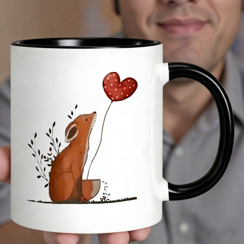 Tailorly Black Accent 11 oz Mug - cute fox with heart balloon