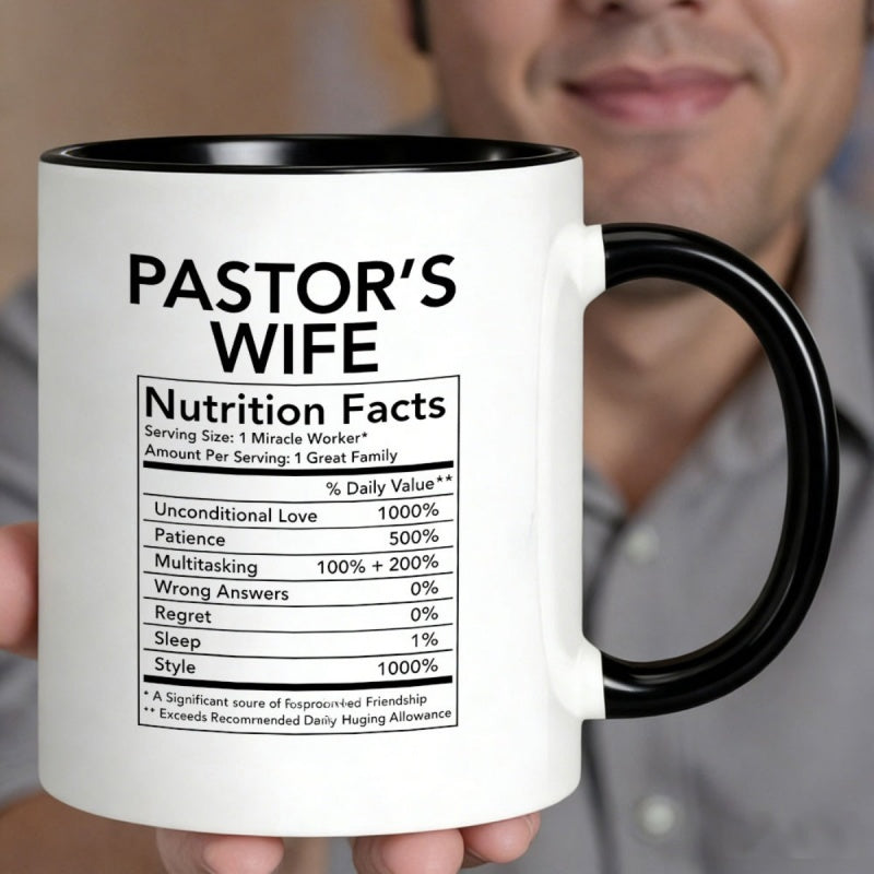 Tailorly Black Accent 11 oz Mug - nutrition facts with "pastors wife" text and playful elements