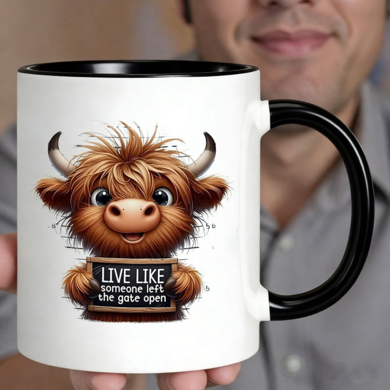 Tailorly Black Accent 11 oz Mug - adorable highland cow holding "live like left open" sign