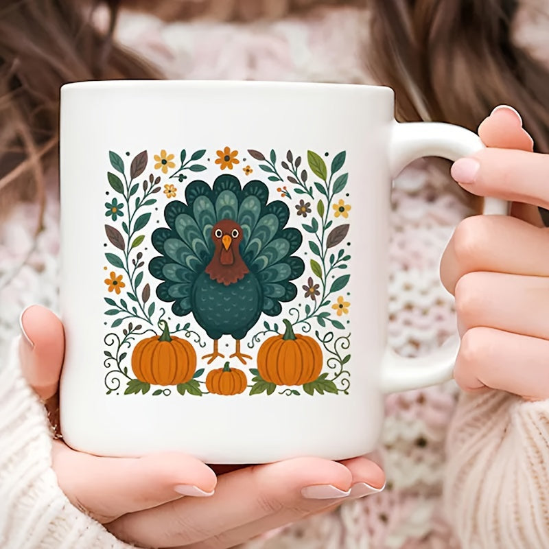 Tailorly White Ceramic 11 oz Mug - Festive Folk Art Illustration With Pumpkins And Autumn Leaves Surrounding A Turkey