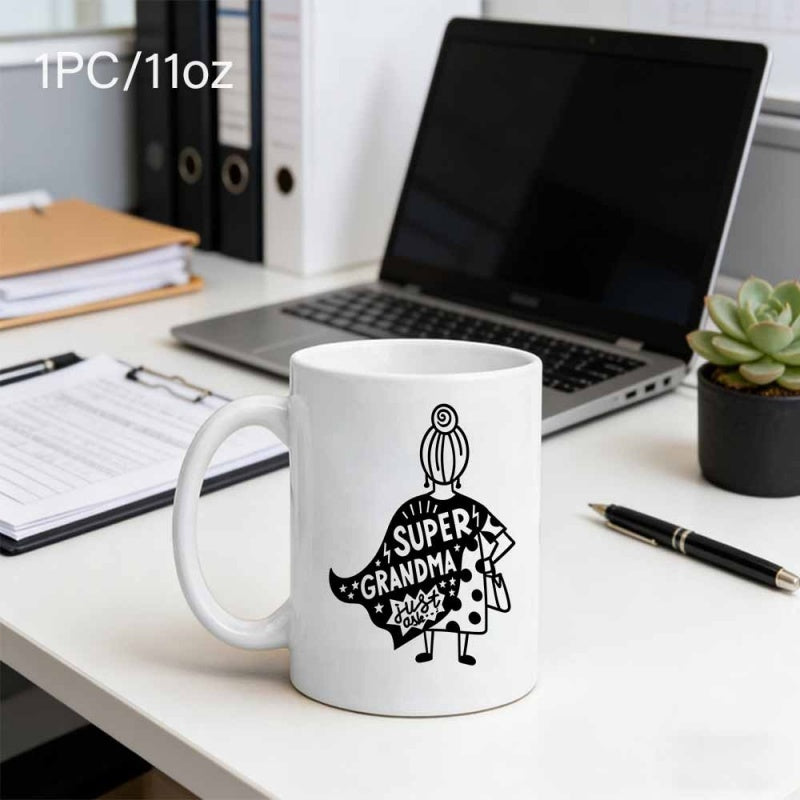 Tailorly White Ceramic 11 oz Mug - Super Grandma Minimalist Cartoon Woman With Bun Wearing Cape And Polka Dot Dress Figure