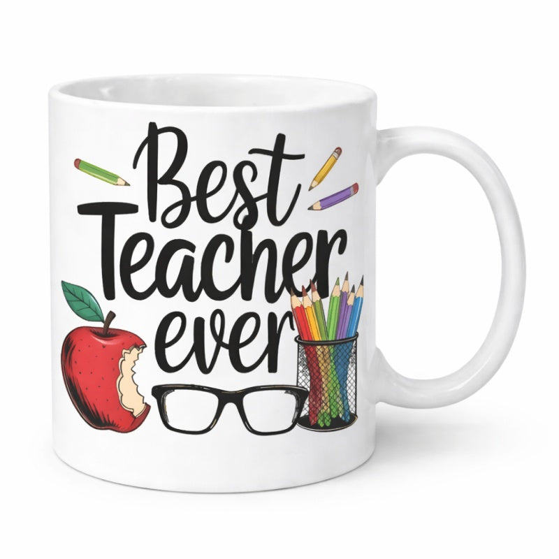 Tailorly White Ceramic 11 oz Mug - Best Teacher Ever Colorful Pencils And School Supplies Surrounding A Bitten Red Apple