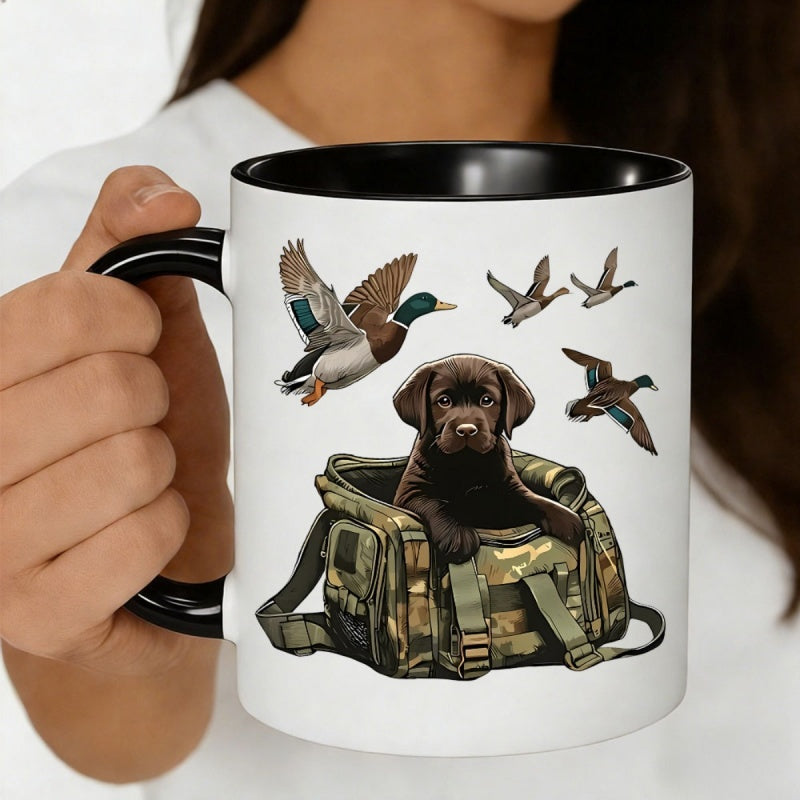 Tailorly Black Accent 11 oz Mug - brown lab puppy mallard ducks hunting themed dog love