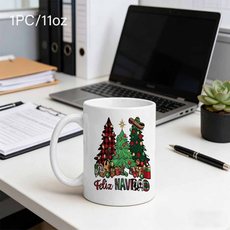 Tailorly White Ceramic 11 oz Mug - Three Festive Decorated Christmas Trees With Buffalo Plaid And Ornaments Tree
