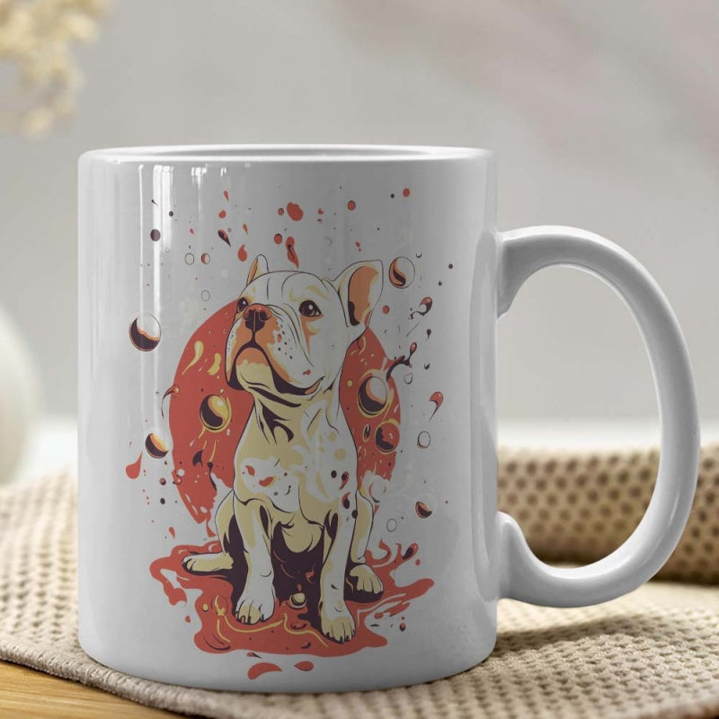 Tailorly White Ceramic 11 oz Mug - Stylized Sitting Puppy Amidst Vibrant Red Paint Splashes And Bubbles Dog