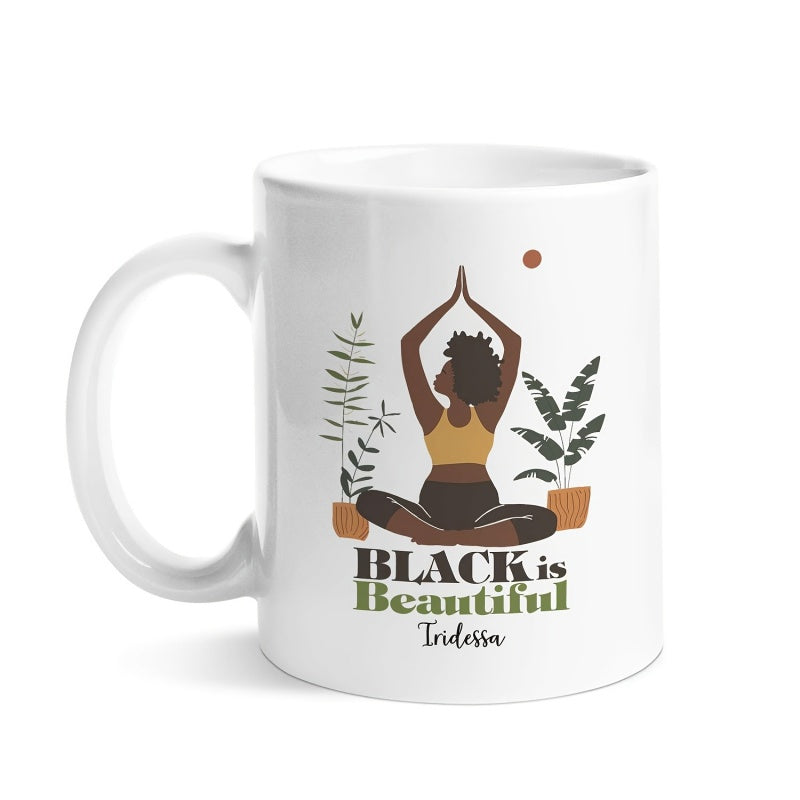 Tailorly White Ceramic 11 oz Mug - Black Is Beautiful Serene Meditating Soul Surrounded By Potted Tropical Indoor Green Plants Woman