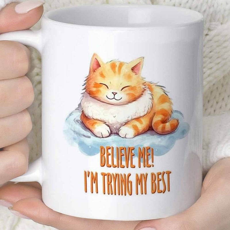 Tailorly White Ceramic 11 oz Mug - Believe Me Im Trying My Best Cute Fluffy Ginger Tabby Sitting On Blue Watercolor Clouds Cat