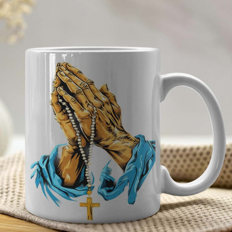 Tailorly White Ceramic 11 oz Mug - Faithful Religious Illustration Holding A Golden Rosary With Blue Sleeves Praying Hand
