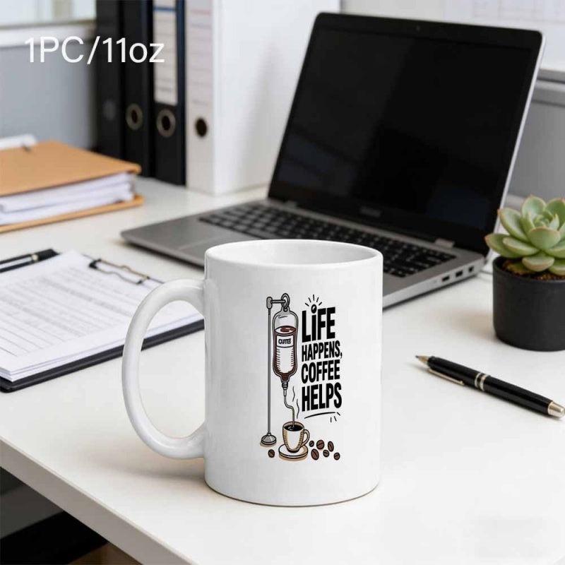 Tailorly White Ceramic 11 oz Mug - Life Happens Coffee Helps Creative Medical Drip Bag Filling Small Ceramic Cup With Scattered Beans Mug