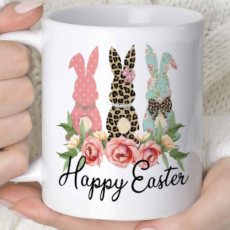 Tailorly White Ceramic 11 oz Mug - Happy Easter Three Patterned Silhouettes Standing Behind Blooming Floral Pink Rose Rabbit