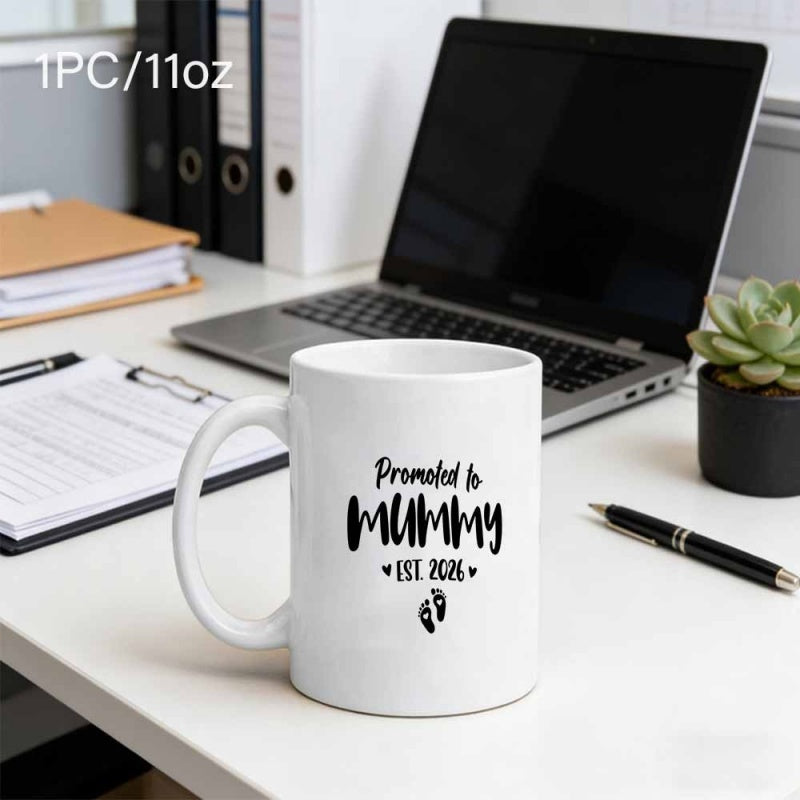 Tailorly White Ceramic 11 oz Mug - Promoted To Mummy Est 2024 Elegant With Cute Tiny Black Baby Footprints Mug