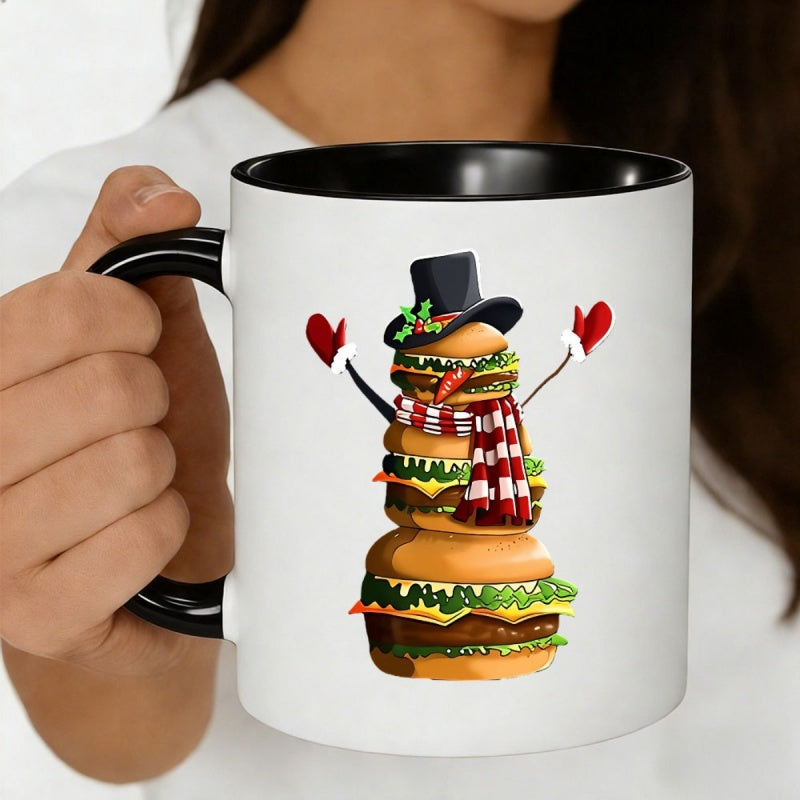 Tailorly Black Accent 11 oz Mug - christmas burger snowman with red and white scarf， top hat， heart， mitts
