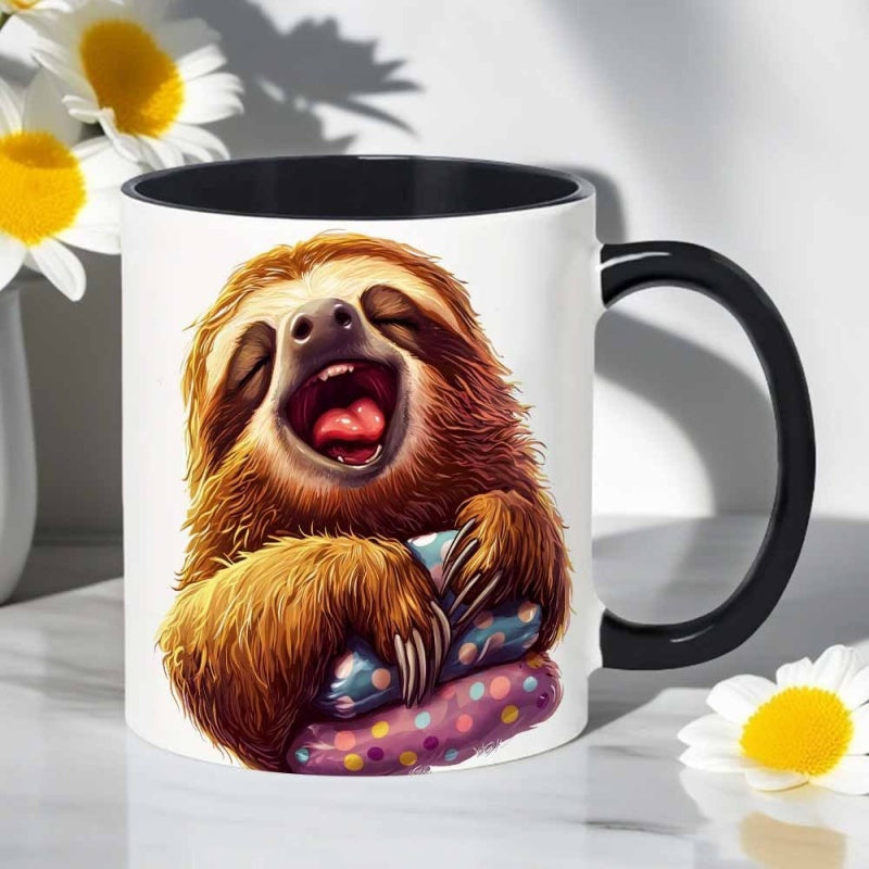 Tailorly Black Accent 11 oz Mug - laughing sloth with polka dot pillows