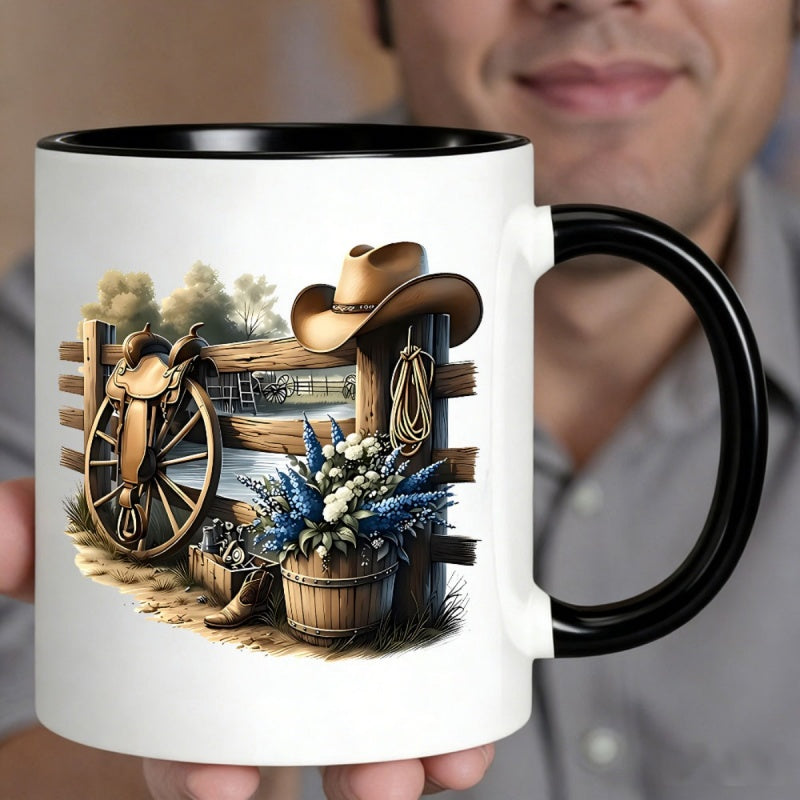 Tailorly Black Accent 11 oz Mug - cowboy hat wooden fence blue flowers