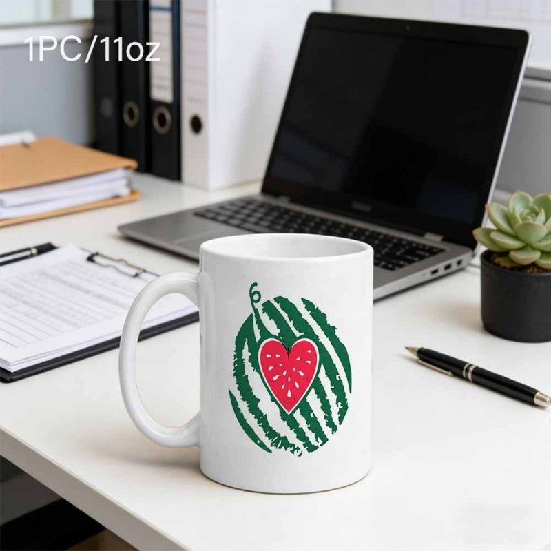 Tailorly White Ceramic 11 oz Mug - Vibrant Green Striped Fruit With Heart Shaped Red Sweet Slice Watermelon
