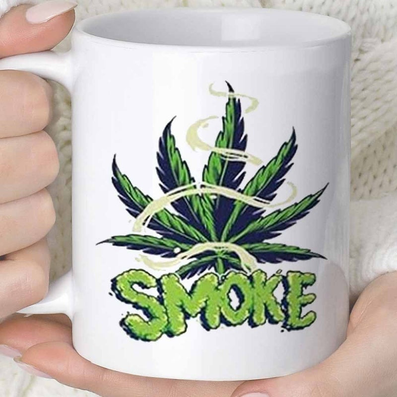 Tailorly White Ceramic 11 oz Mug - Smoke Artistic Green Cannabis Under Wispy Swirls With Stylized Textured Bubble Lettering Leaf