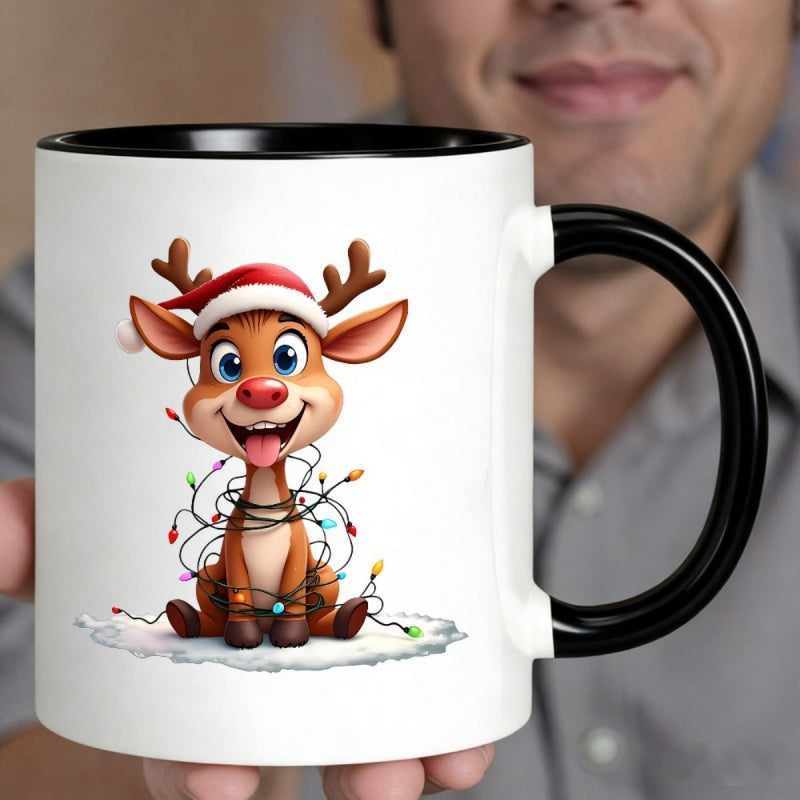 Tailorly Black Accent 11 oz Mug - cartoon reindeer with santa hat and string lights