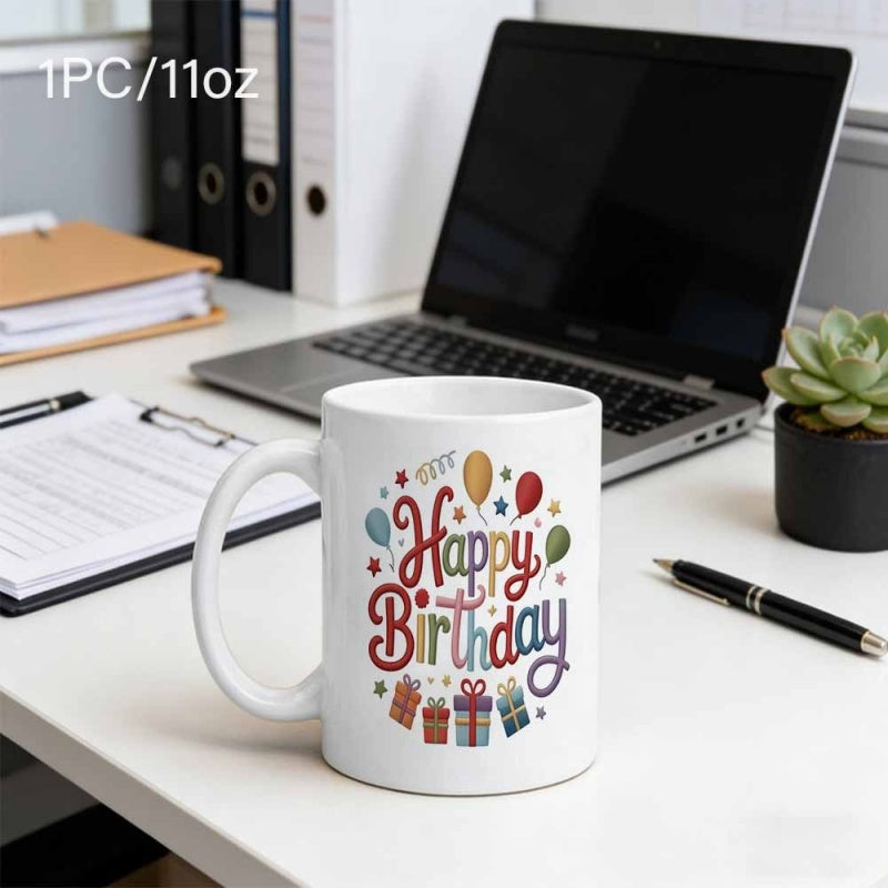 Tailorly White Ceramic 11 oz Mug - Happy Birthday Colorful Balloons Floating With Festive Gift Boxes And Bright Stars Mug