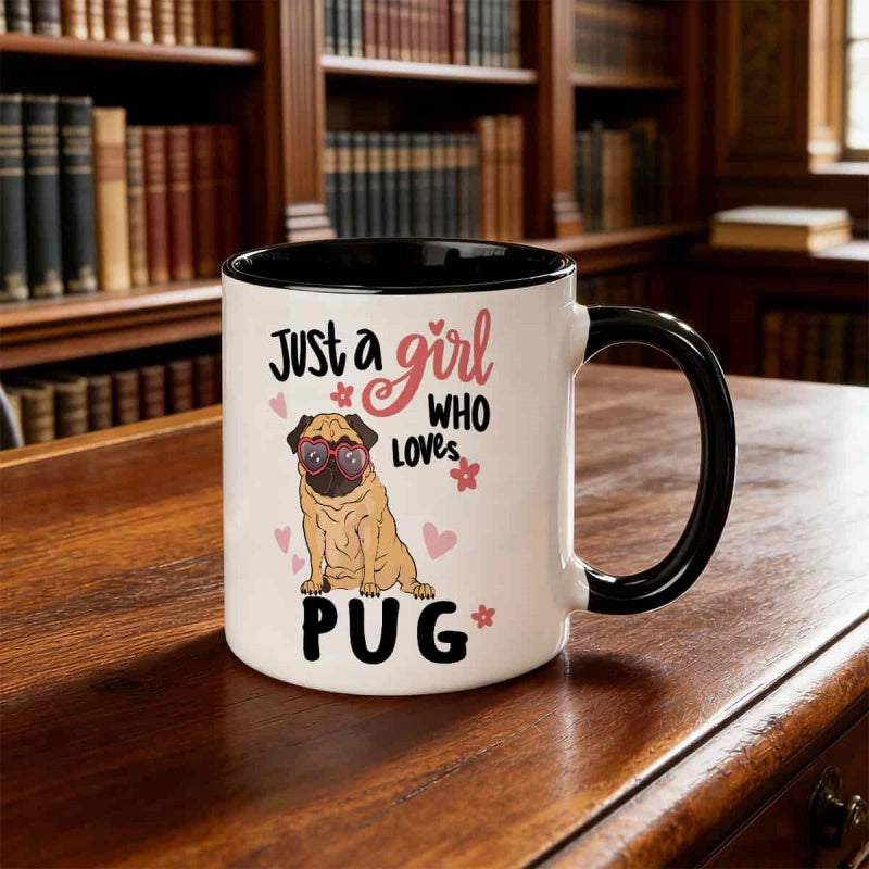 Tailorly Black Accent 11 oz Mug - cute pug dog with heart glasses
