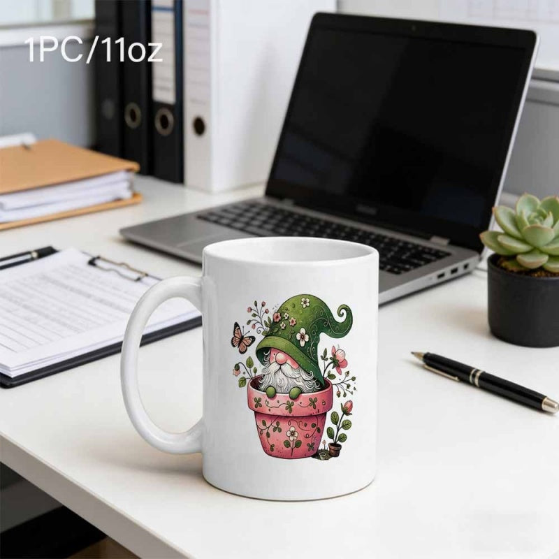 Tailorly White Ceramic 11 oz Mug - Charming Garden Gnome Wearing Green Hat Sitting Inside Floral Flower Pot Gnome