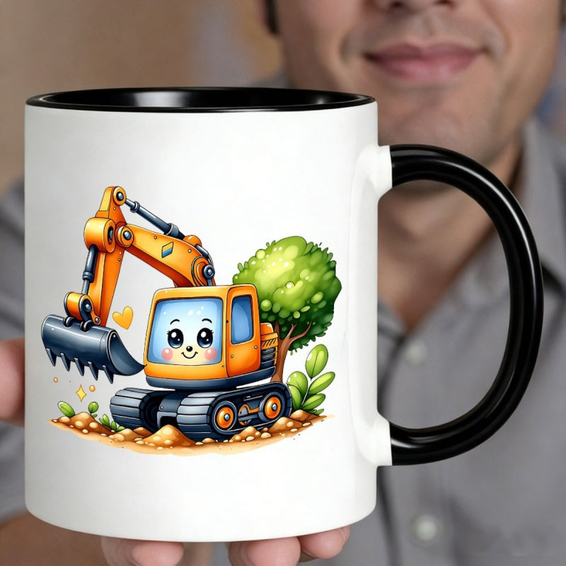 Tailorly Black Accent 11 oz Mug - adorable orange cartoon excavator illustration