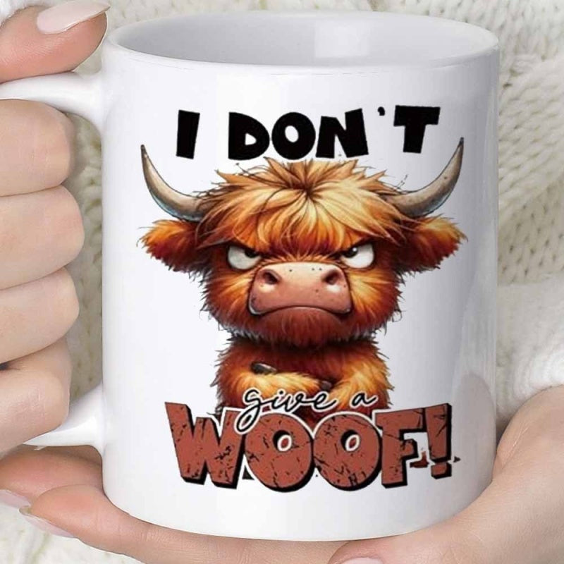 Tailorly White Ceramic 11 oz Mug - I Don't Give A Woof Grumpy Cartoon Highland Cow With Long Shaggy Fur And Sharp Horns Cow