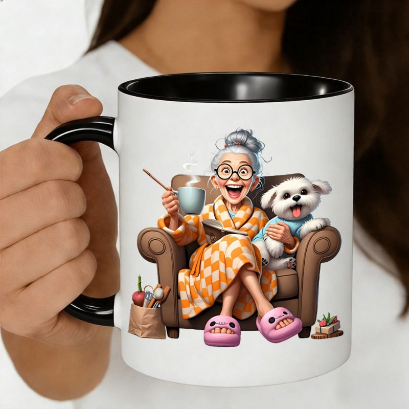 Tailorly Black Accent 11 oz Mug - fluffy dog in orange checked robe holding book whimsical cartoon art